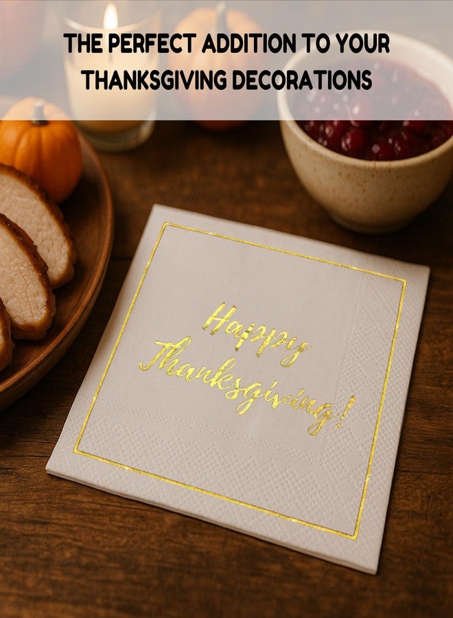 Cloverjoyed Happy Thanksgiving Cocktail Napkins, 50 Pack, Gold Foil Design, Disposable Paper Dinnerware Decorations for Beverages, Dessert, Appetizers - Image 5